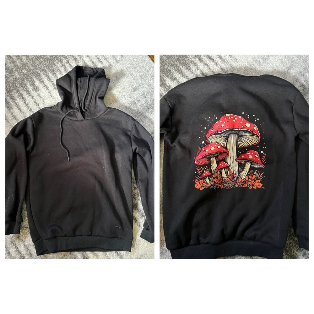 Black Hoodie Sweatshirt with Red Mushroom Back Graphic